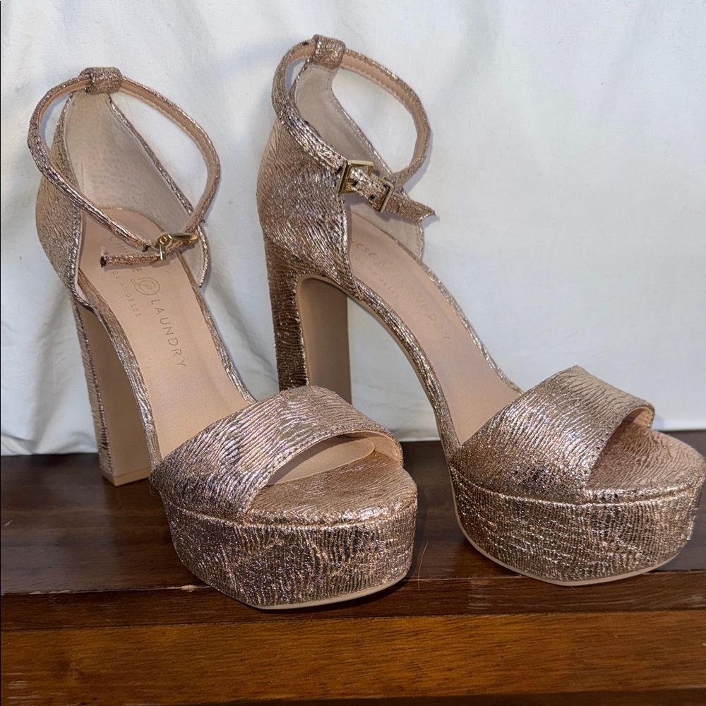 Chinese Laundry Rose Gold Metallic Platform Ankle Strap Heels